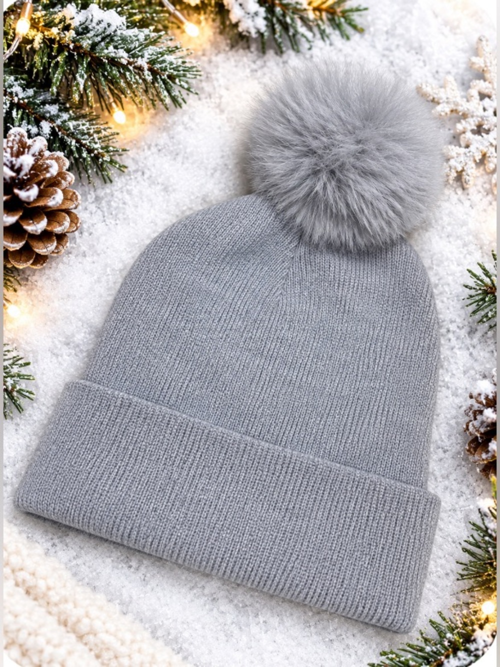 Gray Pom-Pom Beanie Hat
